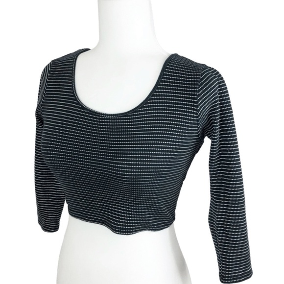 Black White Stripe Cropped Wrap Long Sleeve Womens Cut Out Top - Picture 3 of 16